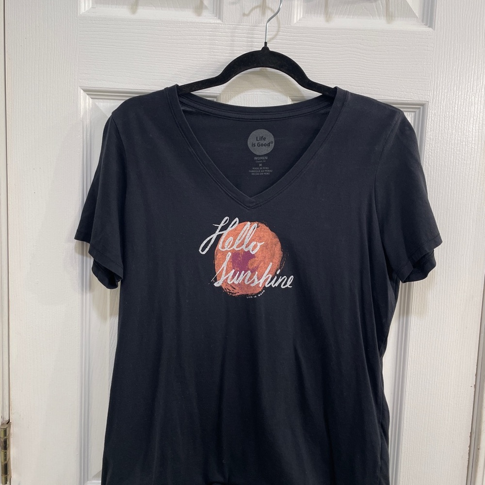 Life Is Good Women's Black Tee with 'Hello Sunshine' Design, Size Medium